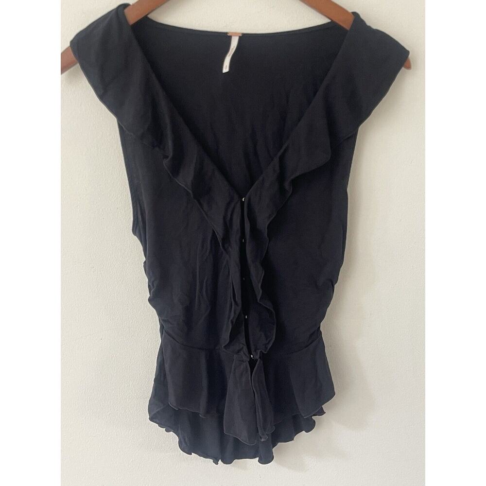 Free People Womens Ruffle Collar Top Size Small Black Short Sleeve Peplum Boho